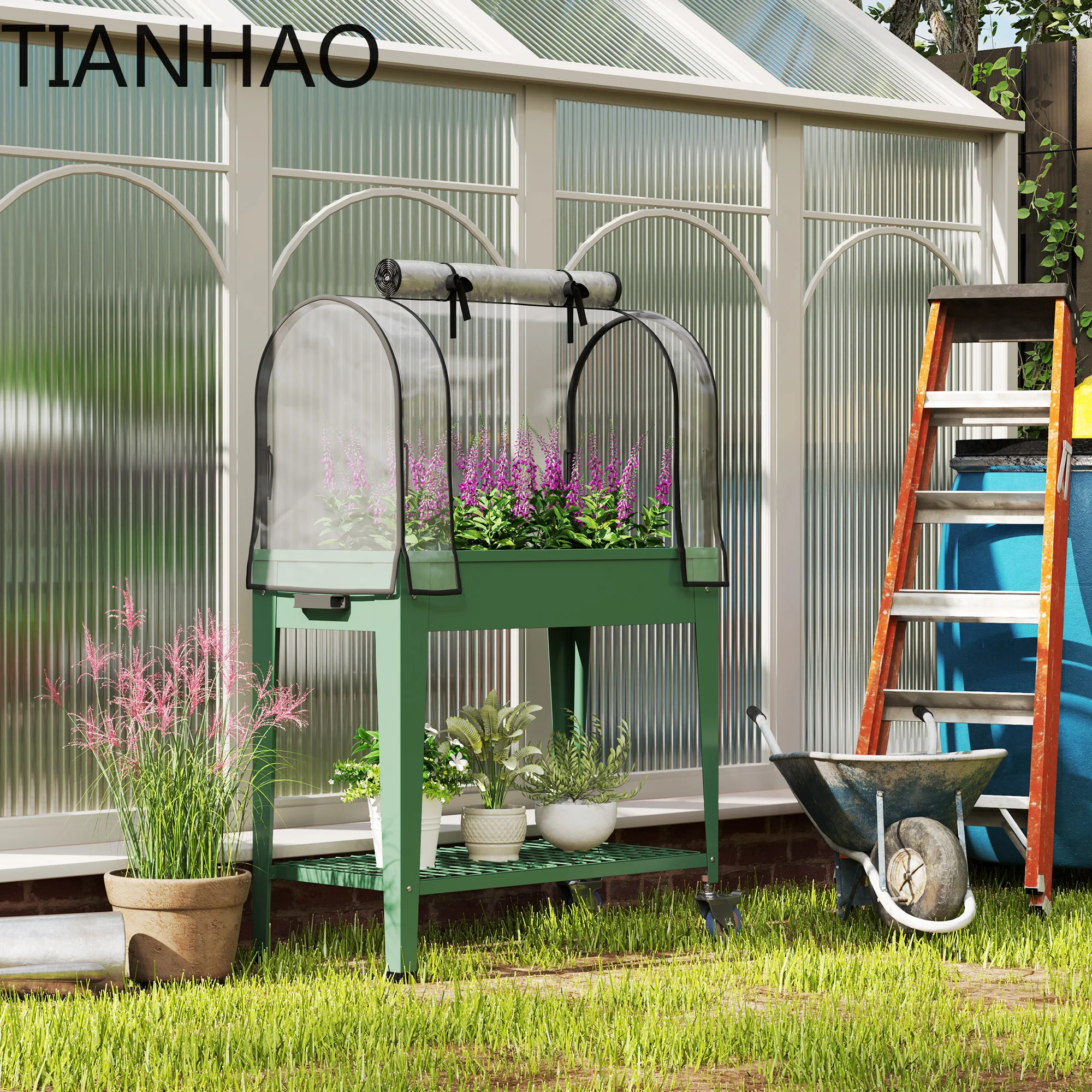 Outsunny Raised Garden Bed with Greenhouse Cover, Mobile Elevated Planter Box with Wheels, Green