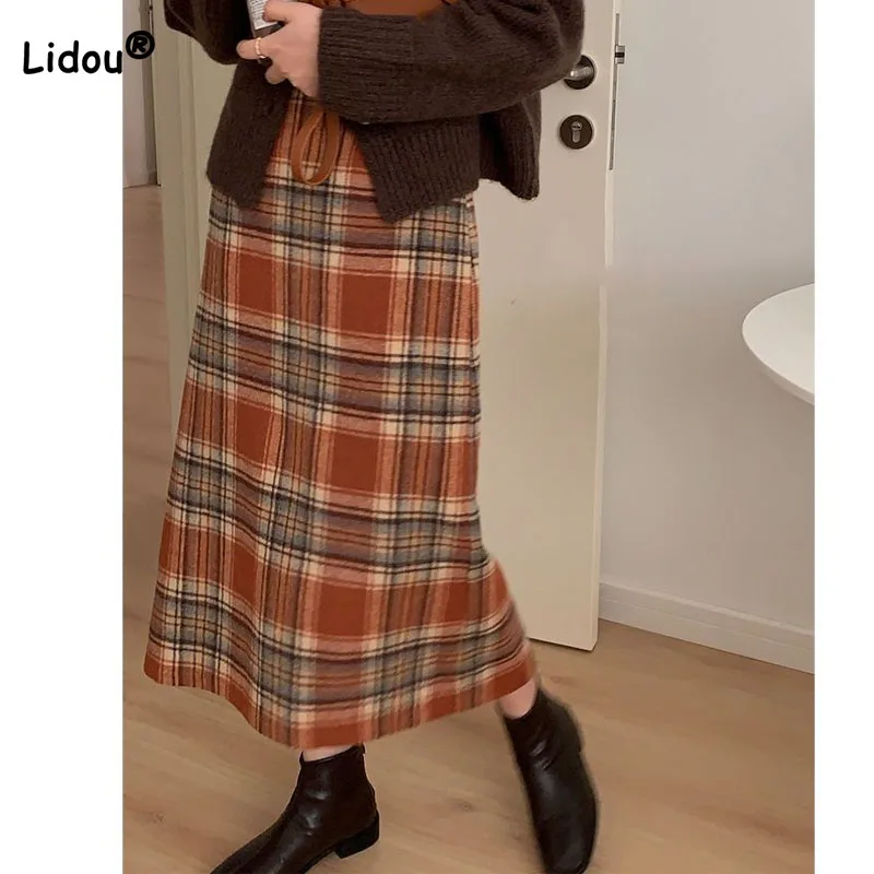 

Autumn Winter Vintage Korean Plaid Spliced Skirt Women's Clothing 2023 Fashionable Midi High Waist A-Line Skirts for Female