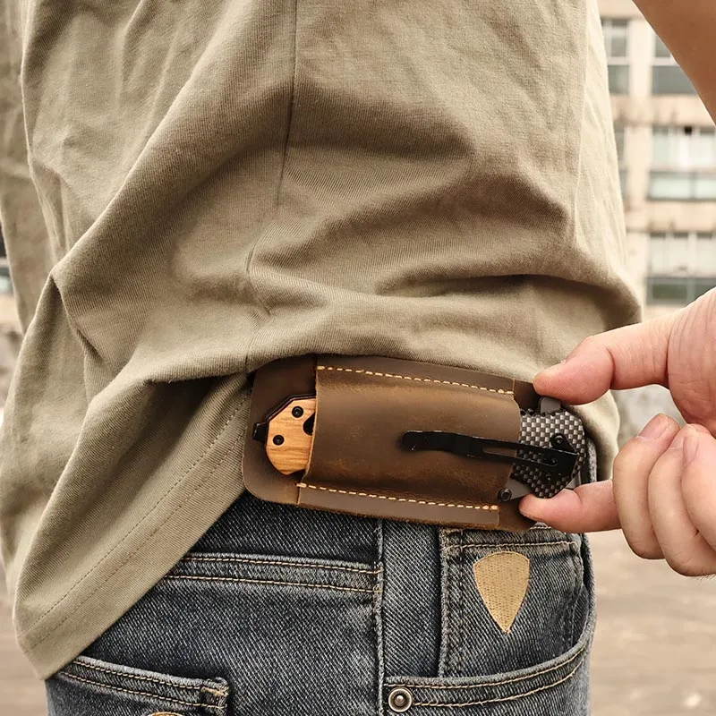 RIYAO-funda plegable de cuero genuino para cinturón de cintura, funda para cuchillo de bolsillo, herramienta para caza, Campamento y exteriores