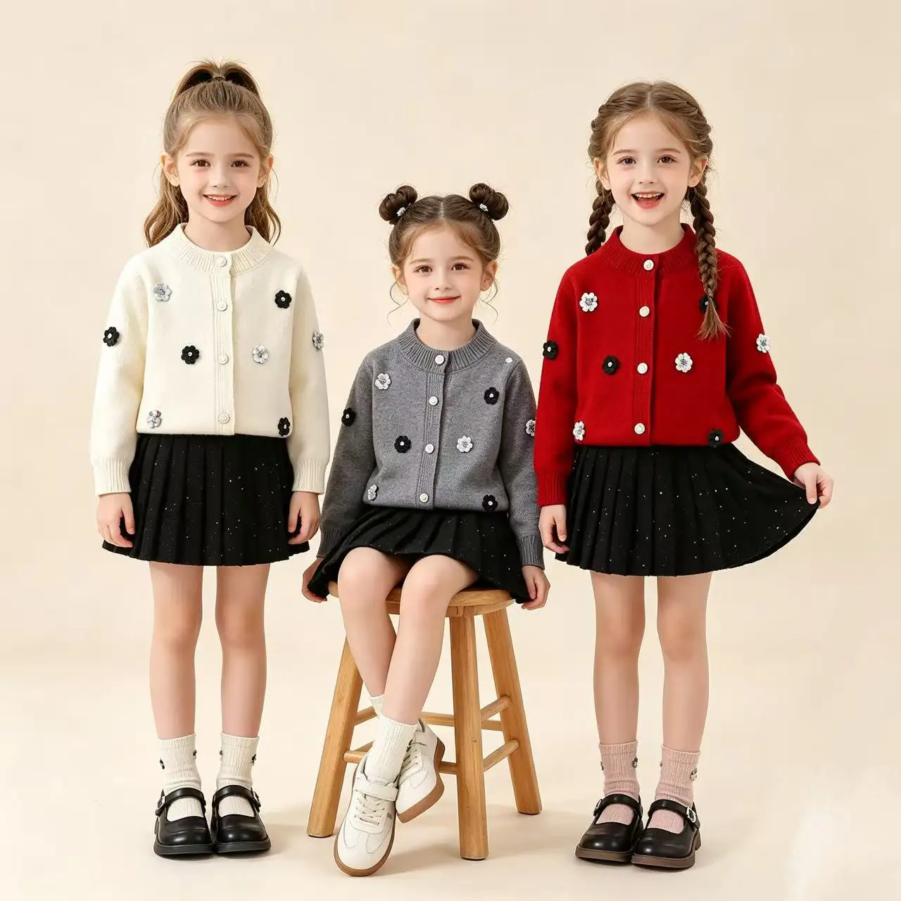 Girls' 2026 Autumn/Winter New Korean Version Baby Girl Pearl Flower Knitted Cardigan Shining Half Skirt Two Piece Set 3