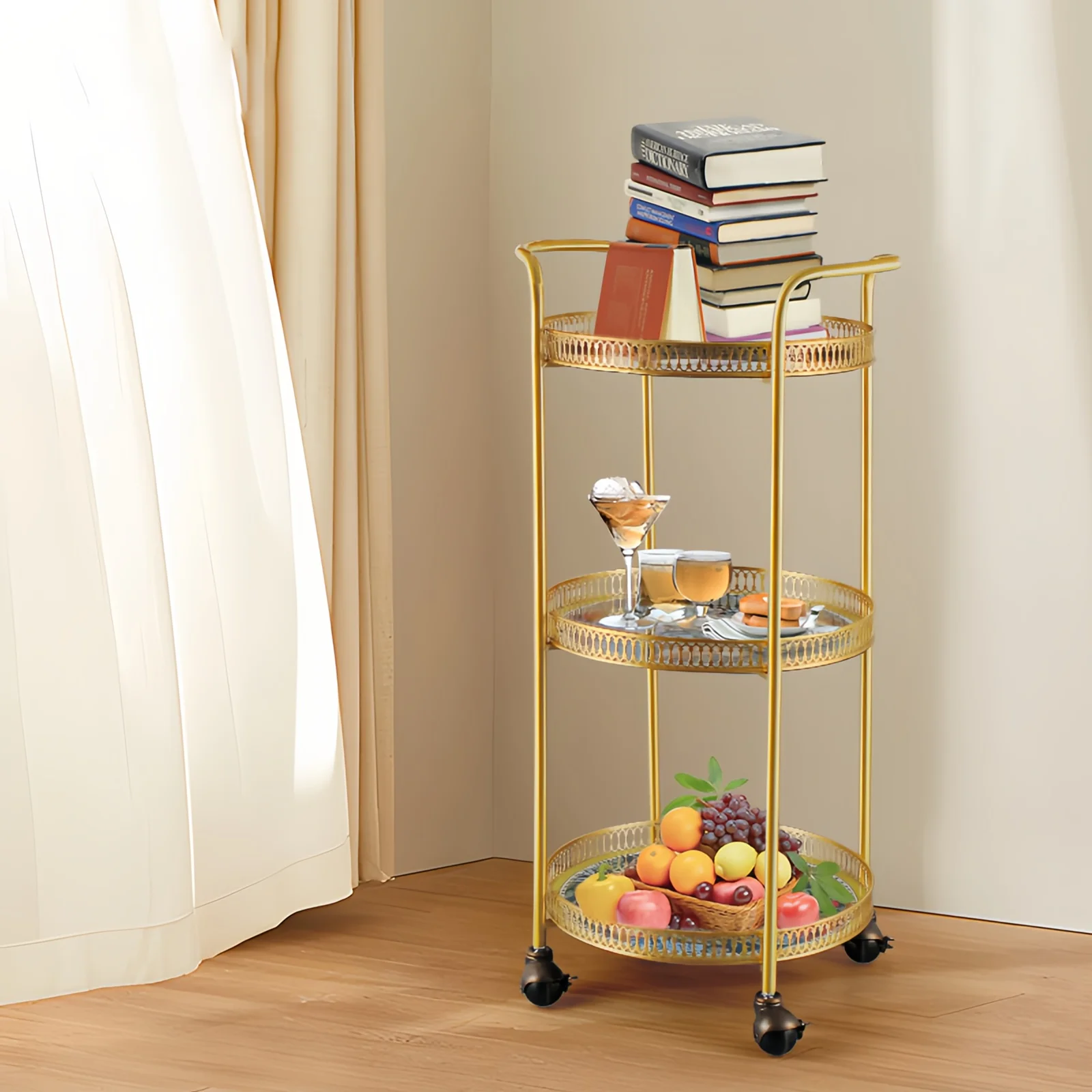 

French light luxury brass dining car, movable shelf, side cabinet, coffee table cart, three-layer storage, side rack