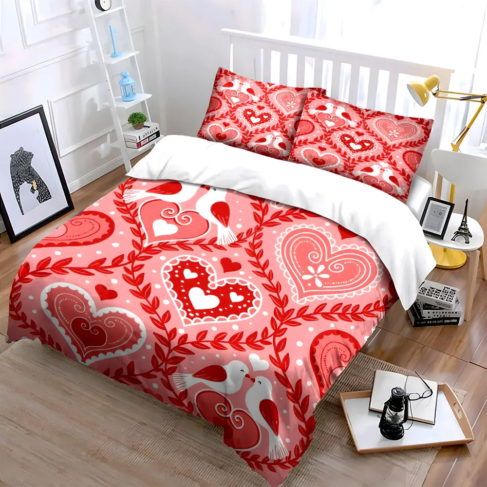 Hearts and Lovebirds Pattern Pattern Duvet Cover Set Digital Print Colorful Polyester Bedding with Zipper Closur for kids gifts 2