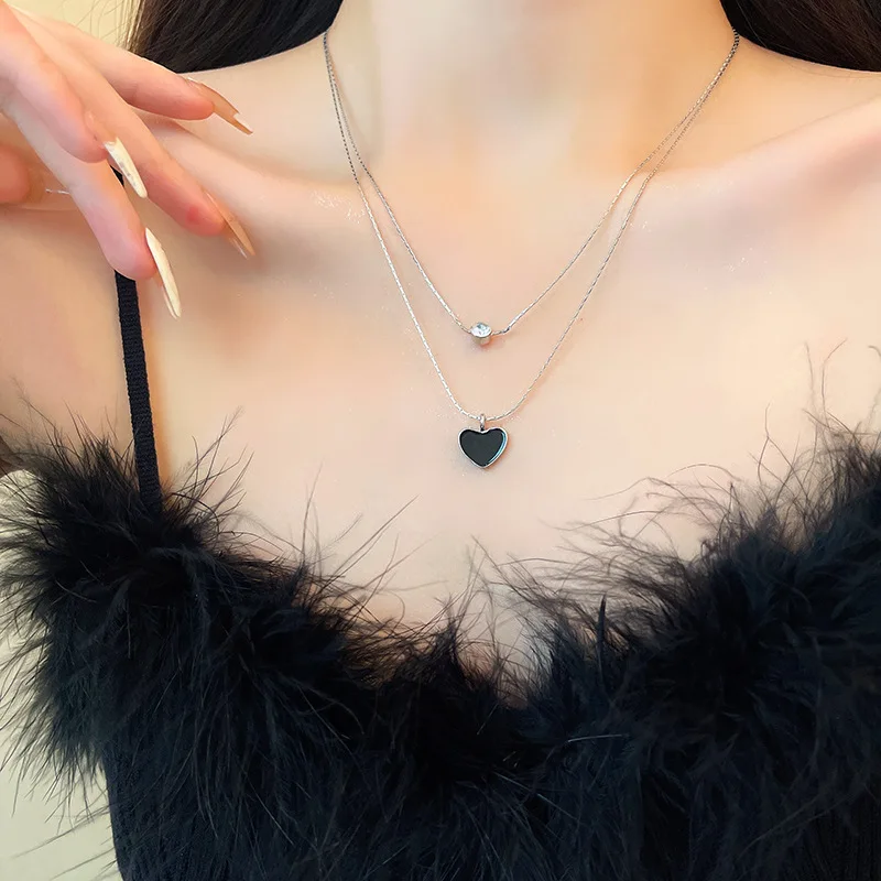 Fashion Unique Double Layer Black Love Heart Neckaces Women Exquisite Light Luxury Zircon Necklace Jewelry Party Gifts