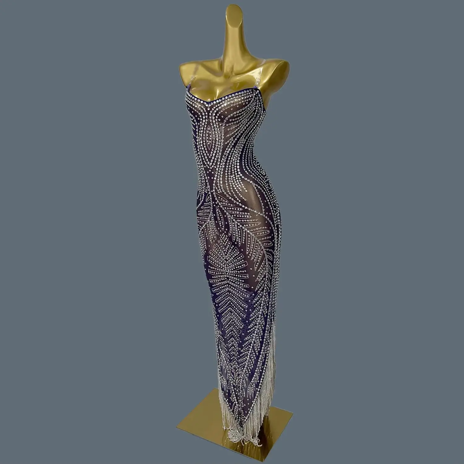 

Shine Rhinestone Sheer Mesh Tassel Dress Asymmetrical Tail Luxury Cocktail Party Evening Gown Nightclub Prom Maxi Dress Jialanye