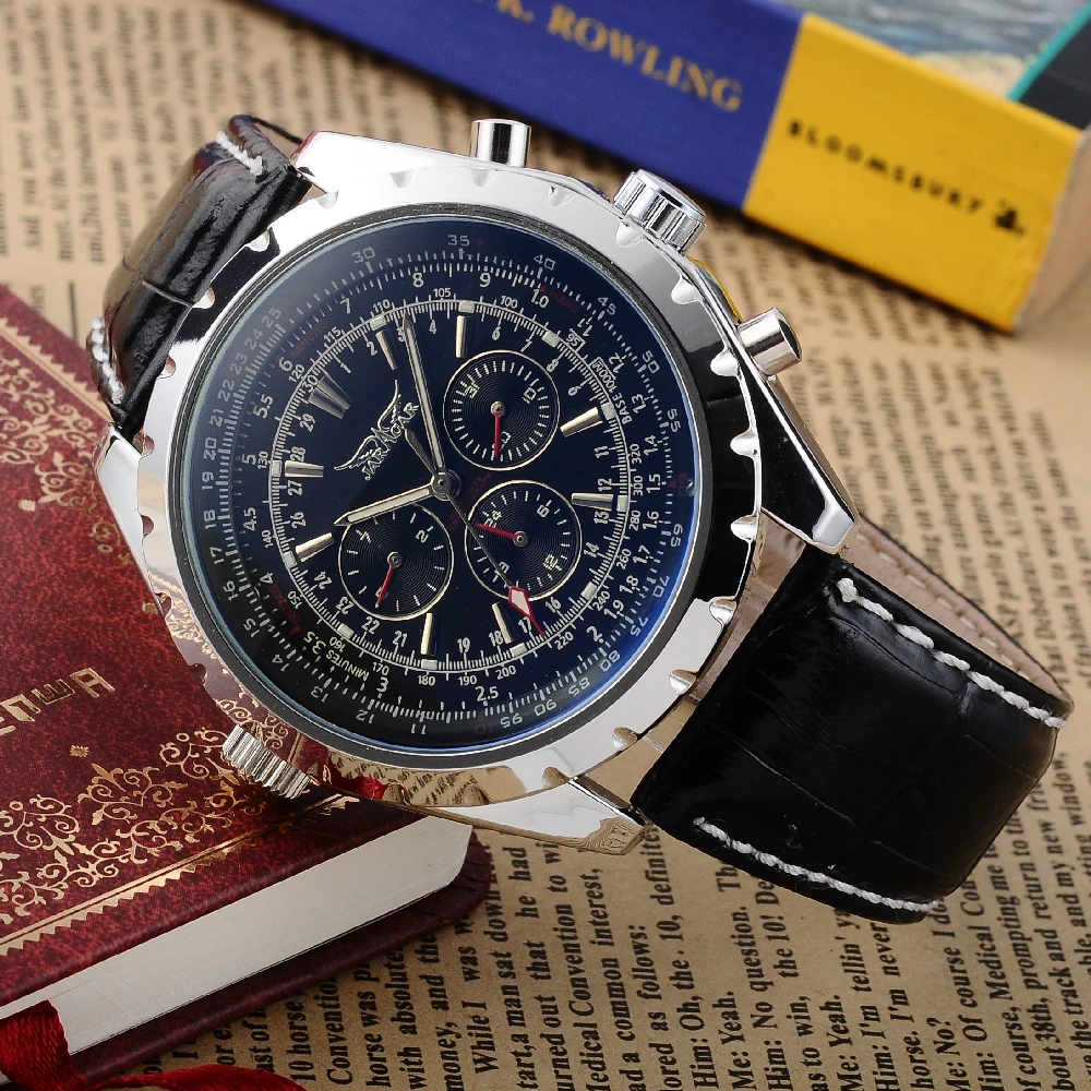 JARGAR Men’s Pilot Watch Automatic Mechanical Slide Rule Date Day 24 Hour Display Luminous Male Sports Wristwatch Leather Strap