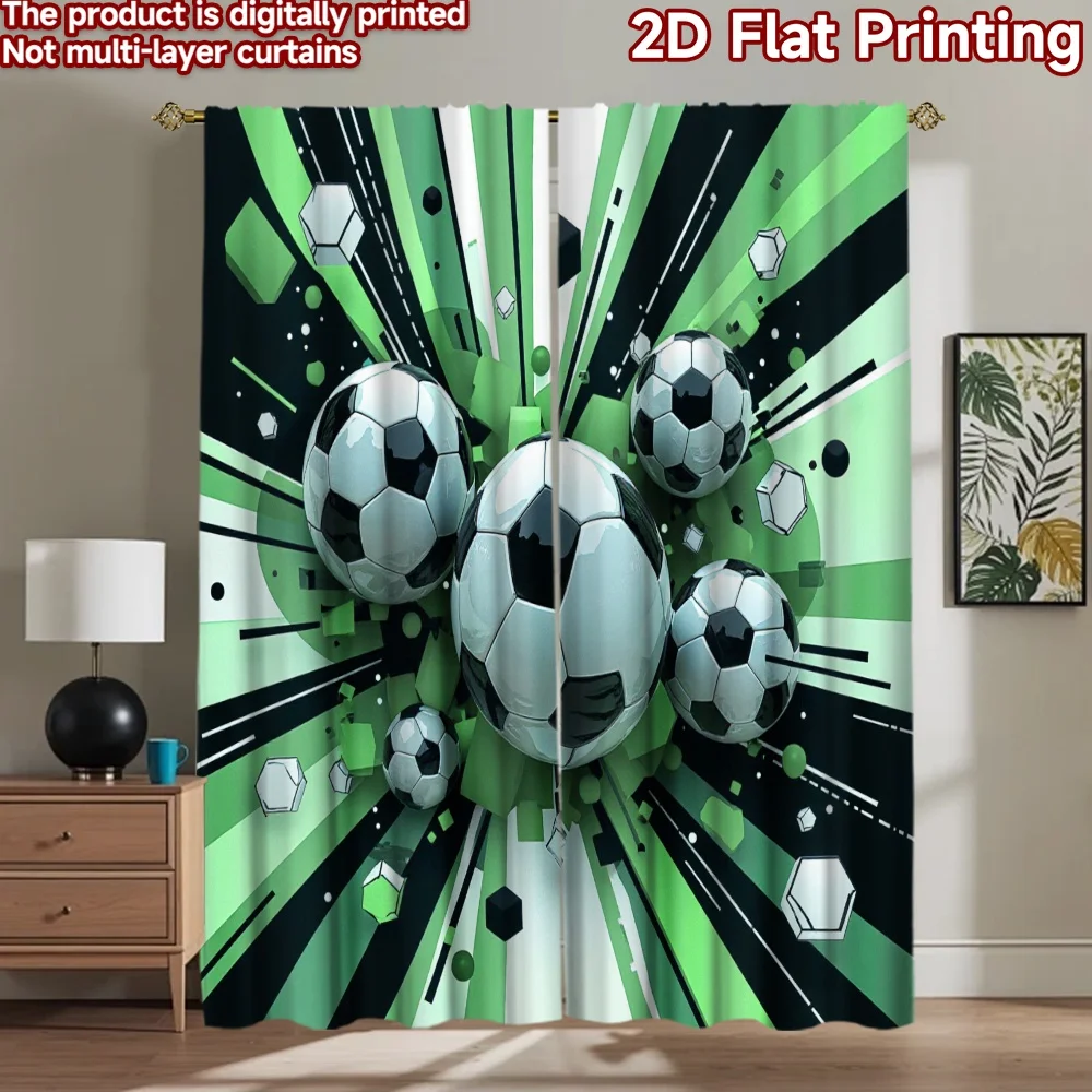 2D flat 2pcs Curtain Retro Country Style Green Soccer Ball Burst Durable polyester fiber Party Decorations for Home Decor for