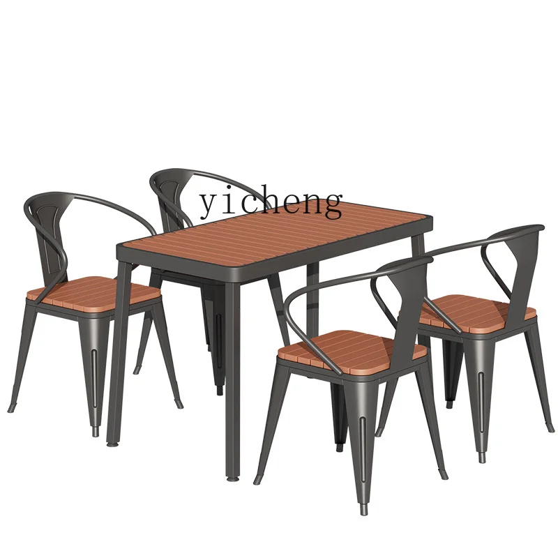 XL Outdoor Wrought Iron Plastic Wood Balcony Table and Chair Courtyard Garden Outdoor Waterproof Dining Tables and Chairs Set