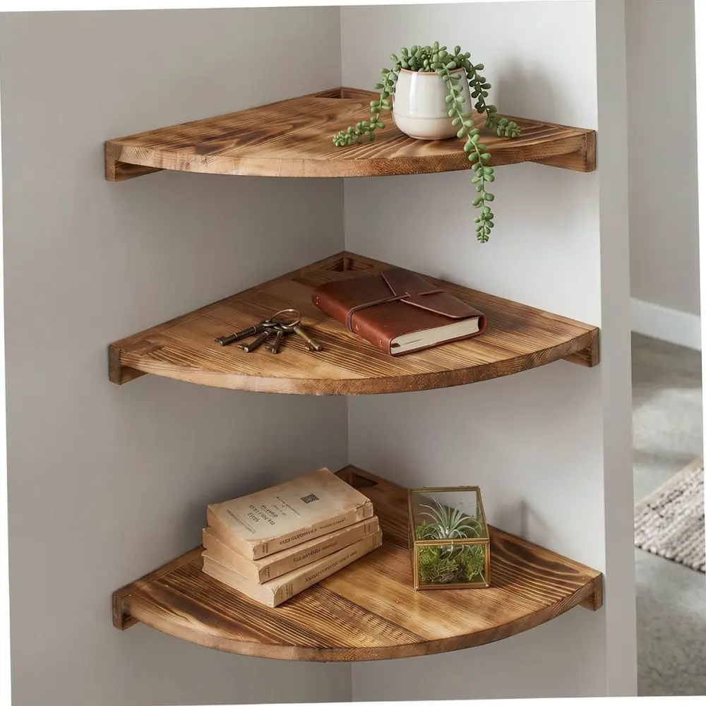 Decorative Corner Floating Shelf Solid Pine Wood Storage Rack For Bathroom Bedroom Living Room Organization Display Unit