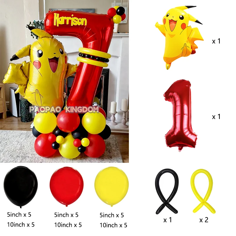 Cartoon Pokemon Pikachu Theme Foil Balloons Set Red Black Latex Balloon Kids Birthday Baby Shower Party Decora Supplies