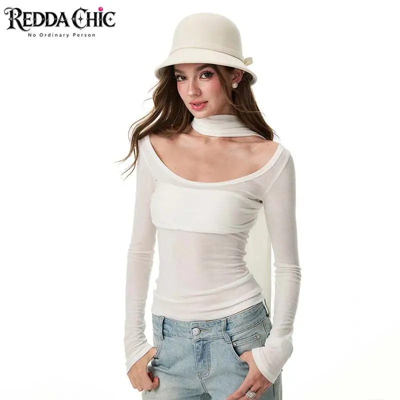 REDDACHiC Semi-sheer Long Sleeve T-shirt Women Trendy Basic Plain Scarf Slim Fit Thin Round Neck Tee Hotties New In Fall Clothes