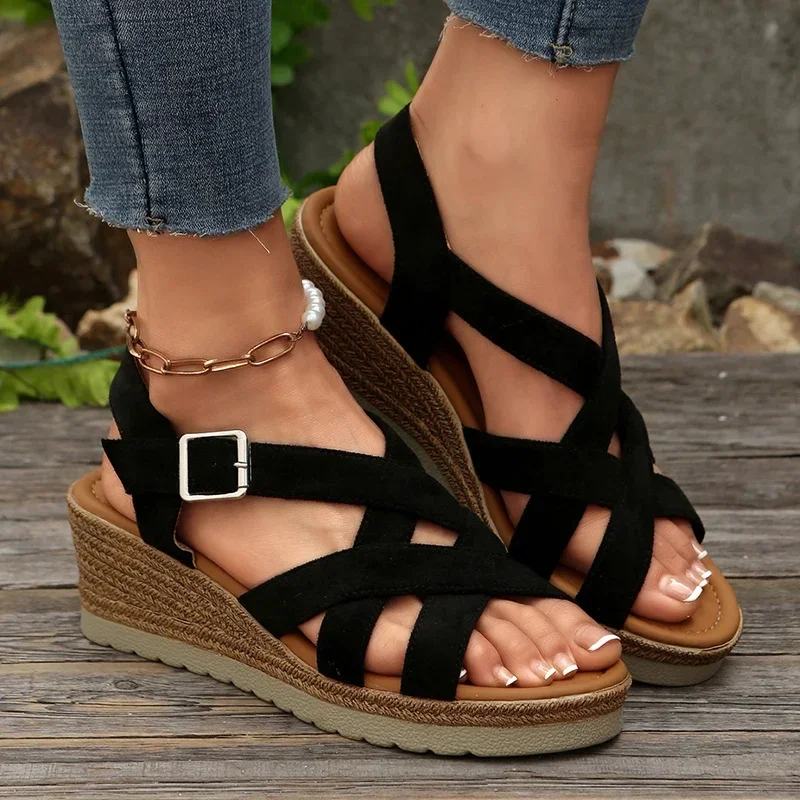 

Summer 2025 Peep Toe Thick Soled Sandles Woman Shoes Cross Band Wedge Heel Rome Sandals Plus Size Buckle Strap Casual Sandalias