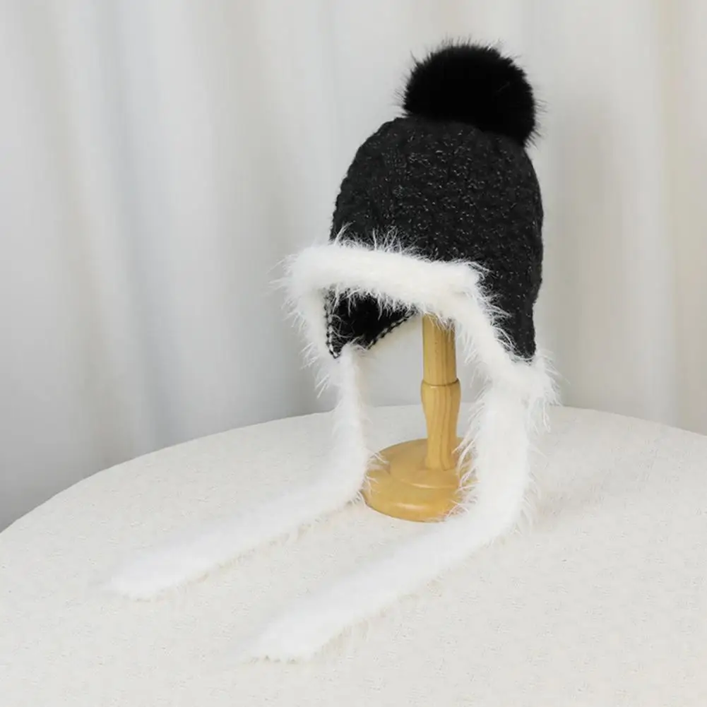 Comfortable Soft Winter Hat Women’s Knitted Earflap Hat with Fuzzy Trim Soft Warm Winter Pompom Outdoor Cycling Weather