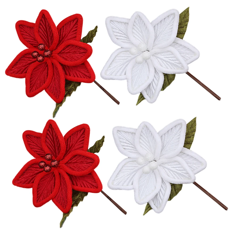 

4Pcs Christmas Artificial Flowers Double Layer Poinsettia Tree Decorations Indoor Holiday Xmas Faux Flower Ornaments