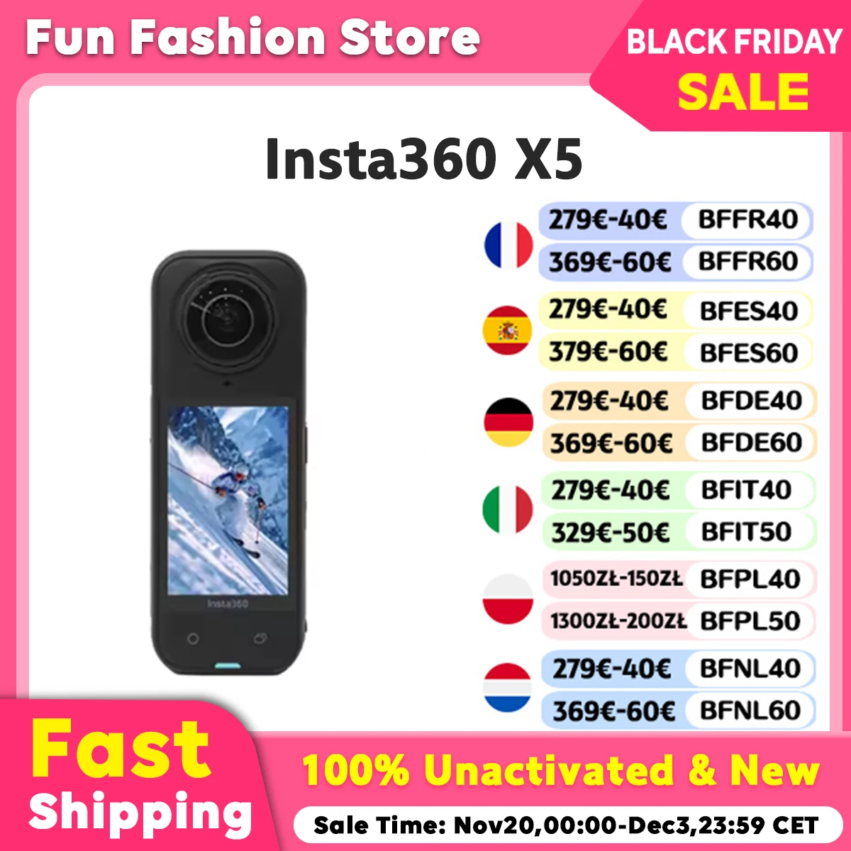Immagine di Fotocamera Insta360 X5 impermeabile 8K 360 °   Action Cam Lenti8K 30fps 360 °   Video X5 Action Camera Wind Guard 185 minuti Nuovo originale