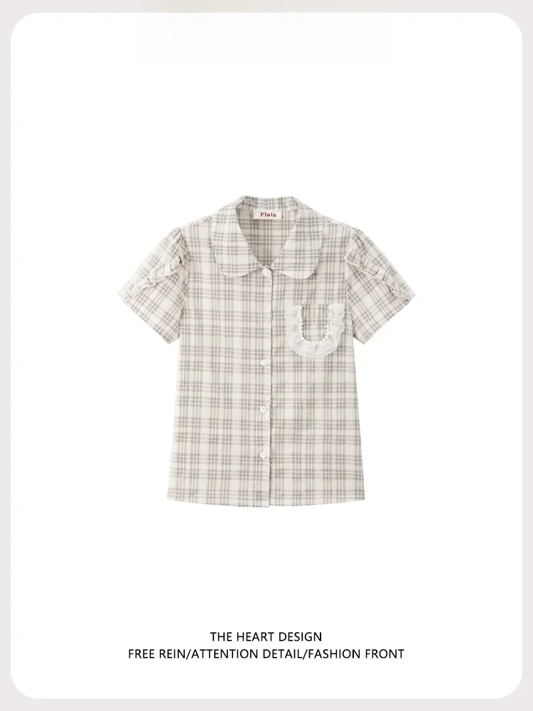 

Женская летняя блузка цвета хаки в клетку с воротником-стойкой, коротким рукавом, жемчужной кружевной отделкой, прямым кроем, из хлопка, в стиле ретро