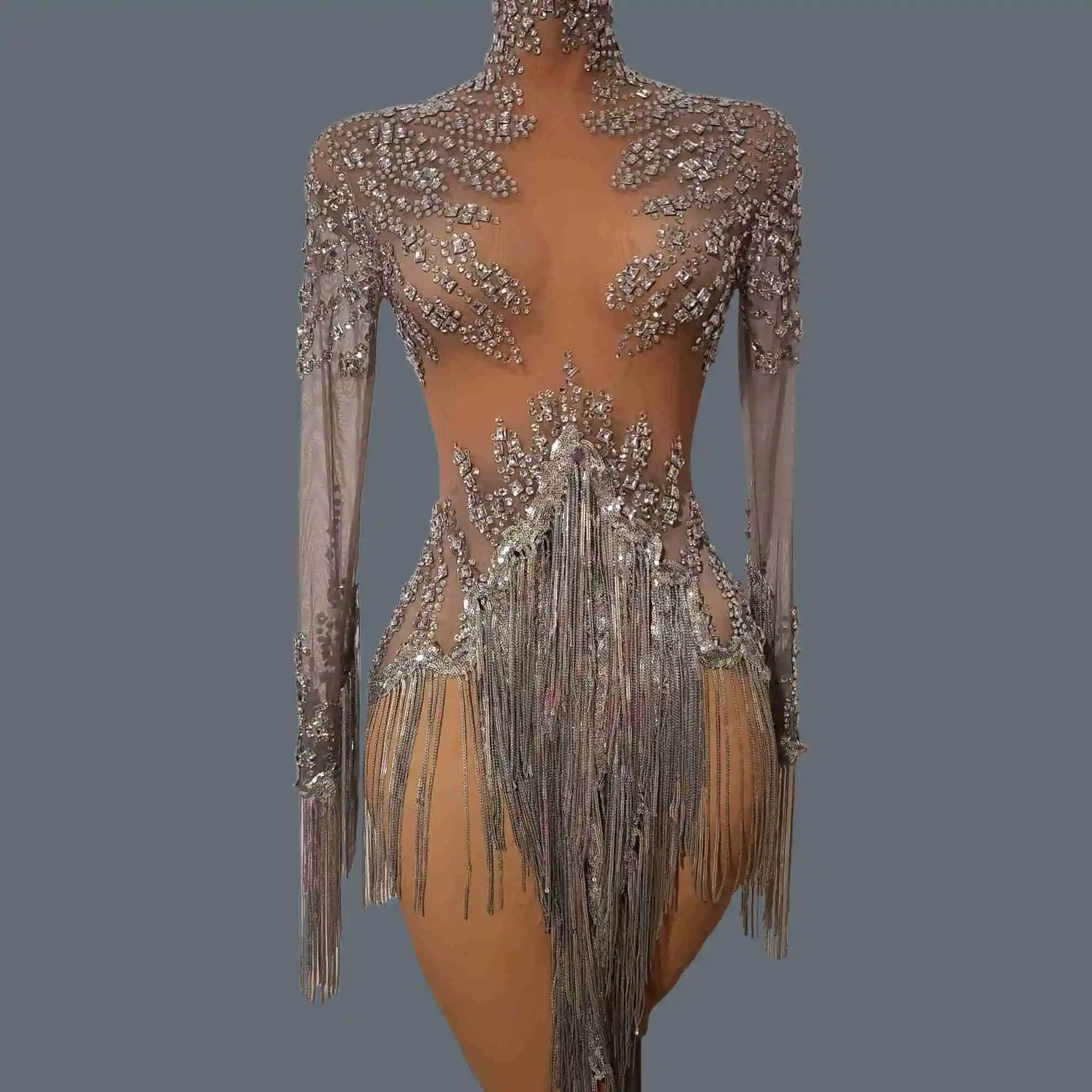 

Show girl costume Luxury Party OutfitLadies Latin Dance Team Wear Sparkly Crystals Tassel Bodysuit gig Stage Show Sexy Party Cos