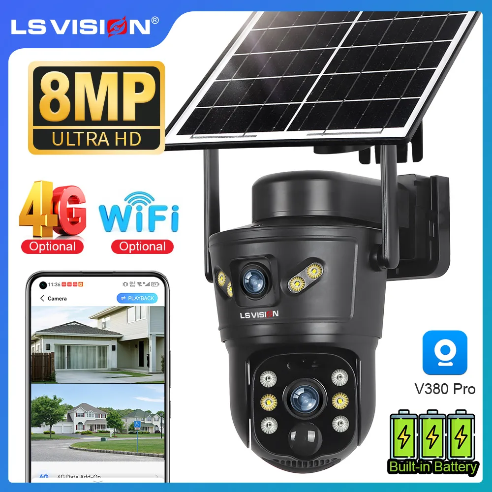 LS VISION 8MP 4G Sim كاميرا تعمل بالطاقة الشمسية شاشة مزدوجة لاسلكية في الهواء الطلق واي فاي PTZ 2-Way Talk Human Auto Tracking Security Camera V380 Pro