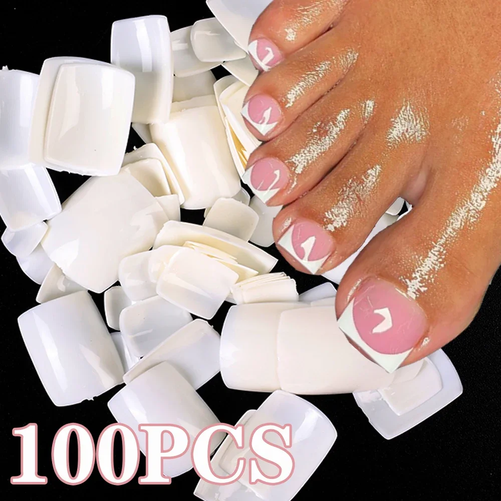 100pcs False Toes Nails French Square Nature White Clear Fake Toe Nails Feet Nail Tips Artificial Press on Toenails for Women