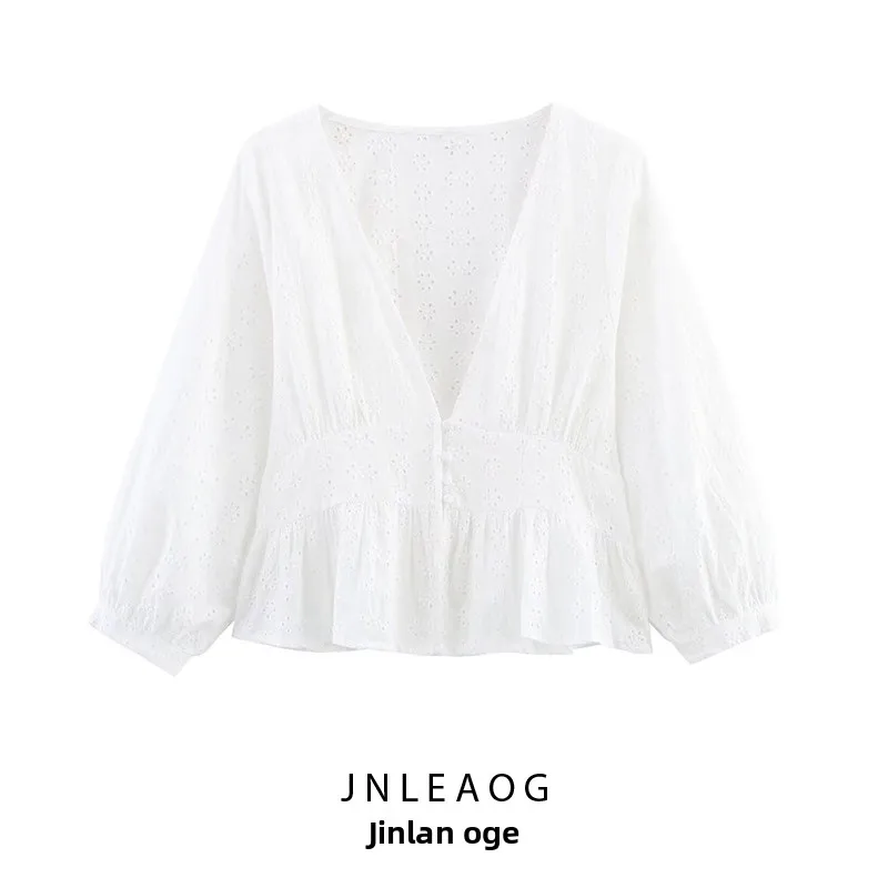 

JNLEAOG, новинка весны, женский модный дизайн, полая вышивка, повседневный свободный полиэстер, длинный свеч, V-образный вырез, тонкое полиэфирное волокно