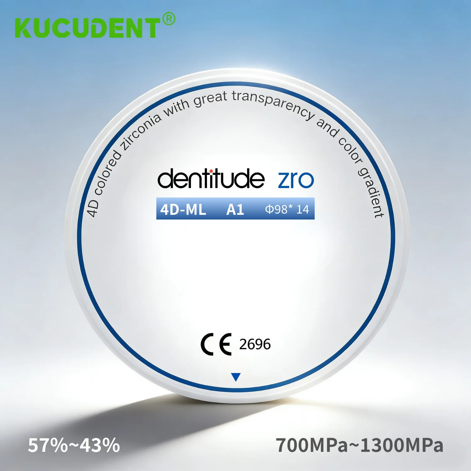 

4D-ML Zirconia Dental Lab Multilayer Zirconia Block Disc for CAD CAM 98mm Transparency 43-57% Strength 700-1200Mpa Lab Material