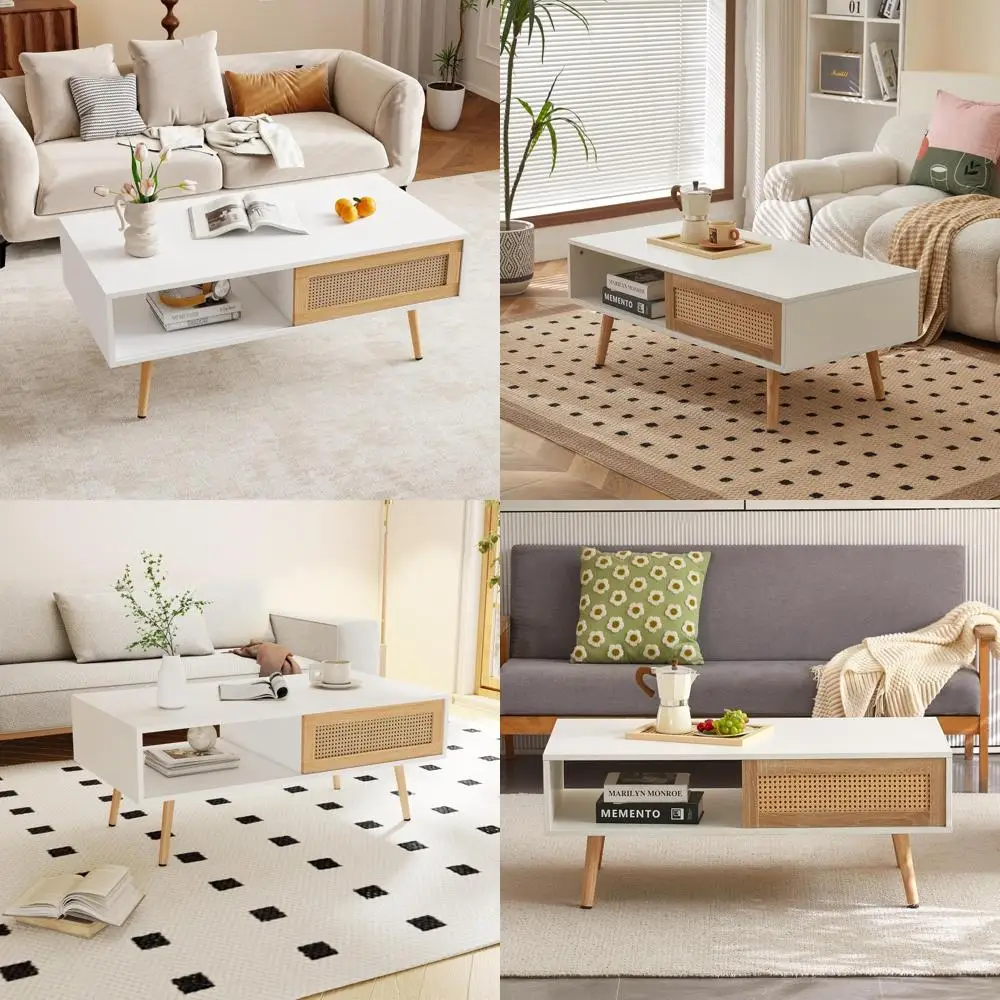 

Mid-Century Rattan Coffee Table with Sliding Doors and Open Storage Shelf for Living Room