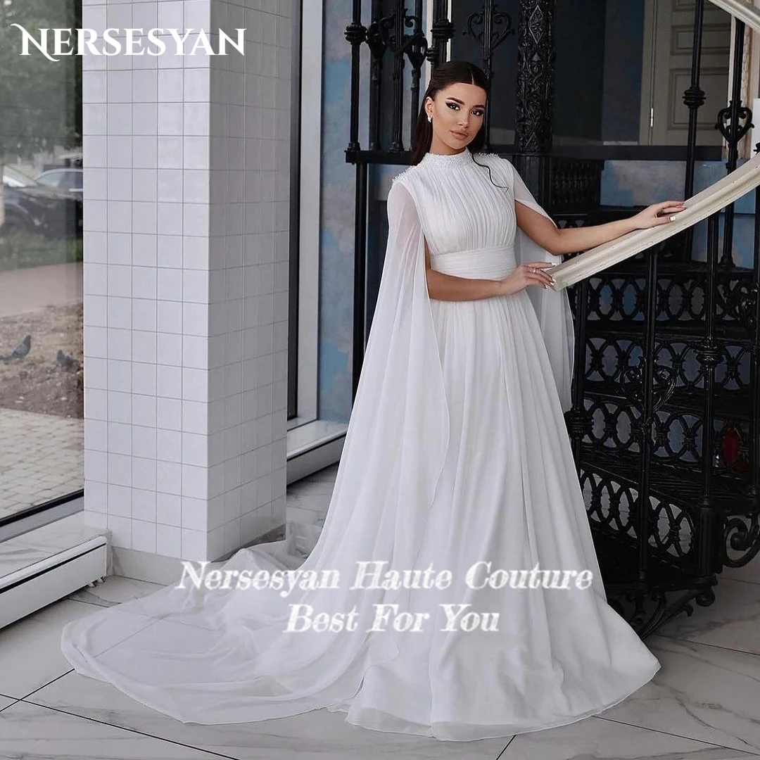 Nersesyan vestidos de novia elegantes con purpurina sólida, Mangas de capa, línea A, pliegues brillantes, vestidos de novia con cuentas, vestido de novia de princesa