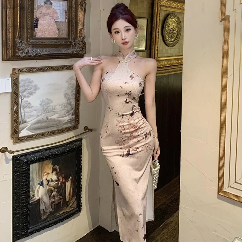 New Sleeveless Qipao Hollow Out Chinese Print Dress Improved Cheongsams Women Sexy Split Straps Vestidos Improved