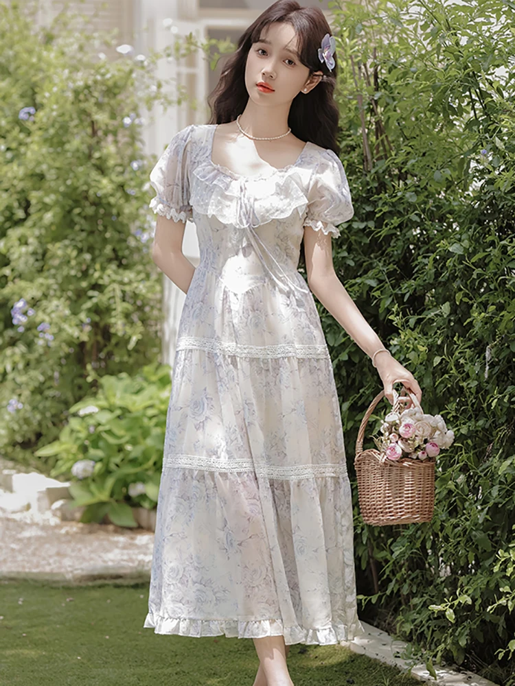 Women Floral Chiffon Casual Holiday Dress Summer Puff Sleeve Bow Ruffled Square Collar Dress 2024 Korean Fashion Elegant Dresses