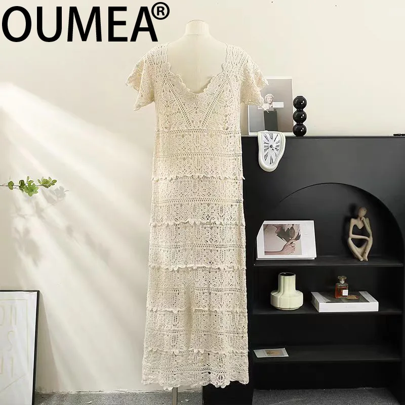 OUMEA Women Crochet Dress Short Sleeve V Neck Beach Crochet Long Dress Vintage Embroidered Knitting Dress