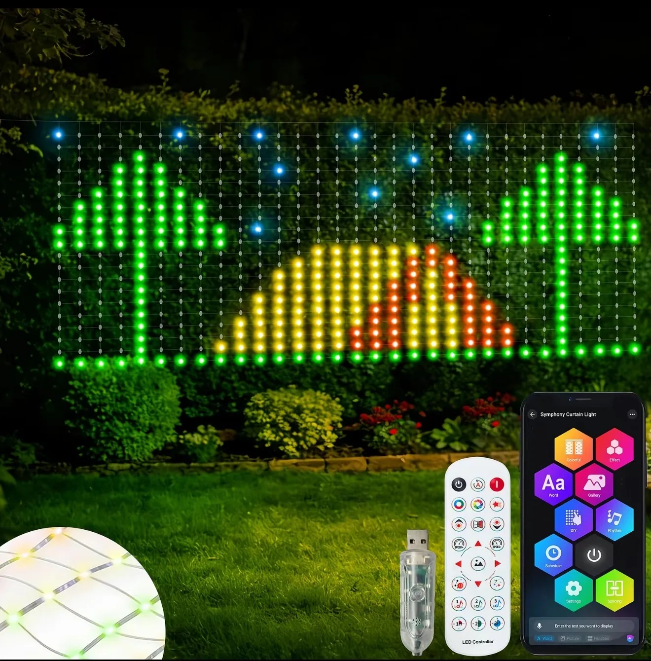 Smart Net Lights Outdoor RGB&IC Light with App Remote Control DIY Modes Waterproof Mesh Light for Patio Bush Decor Christmas