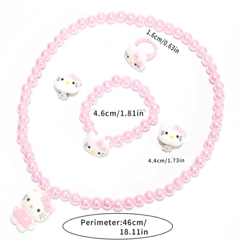 4pcs/set Cartoon Hello Kitty Necklace Hairclips Ring Set Toy Kawaii Sanrio Kids Hairpins Girl Heart Accessories Birthday Gifts