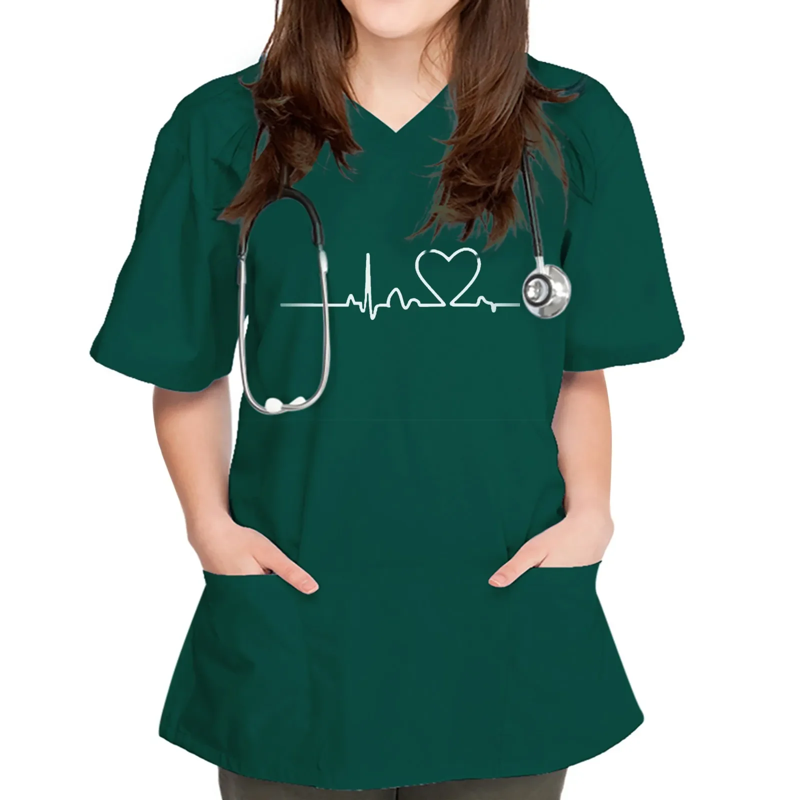 Uniforme d'infirmières à imprimé cœur pour femmes, manches courtes, col en V, uniforme de travail en Y, chemisier à poche imprimée, uniformes de toilettage pour animaux de compagnie, nouveau