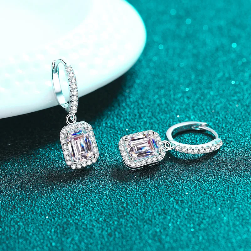 MINWEEN 2ct Moissanite Drop Earrings for Women Emerald Cut D Color 925 Sterling Silver Earrings Wedding Jewelry