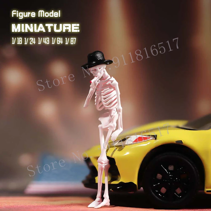 Mini 1/87 1/64 1/43 1/24 1/18 Skeleton Smoking Dancing Playing Guitar Skull Man Figure Street Scene Sand Table Photography Model