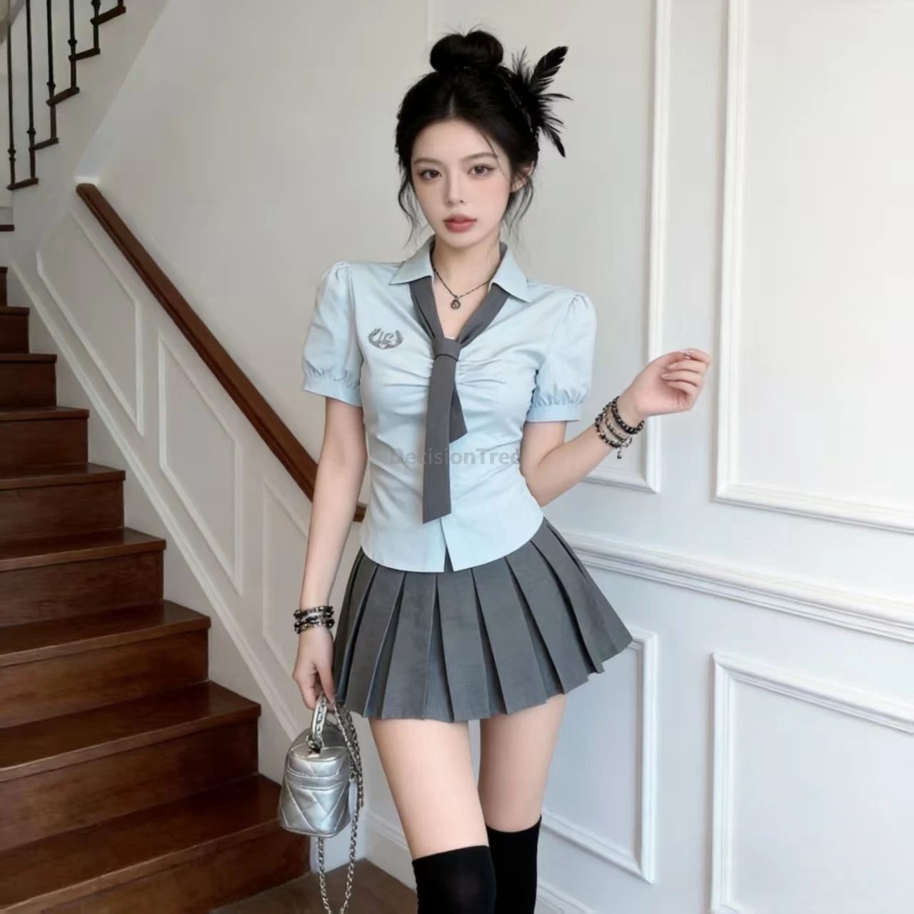 サマーカレッジスタイル韓国風ブリティッシュjk制服セット高校デザインウエストシェイプショートシャツプリーツスカートツーピースセット