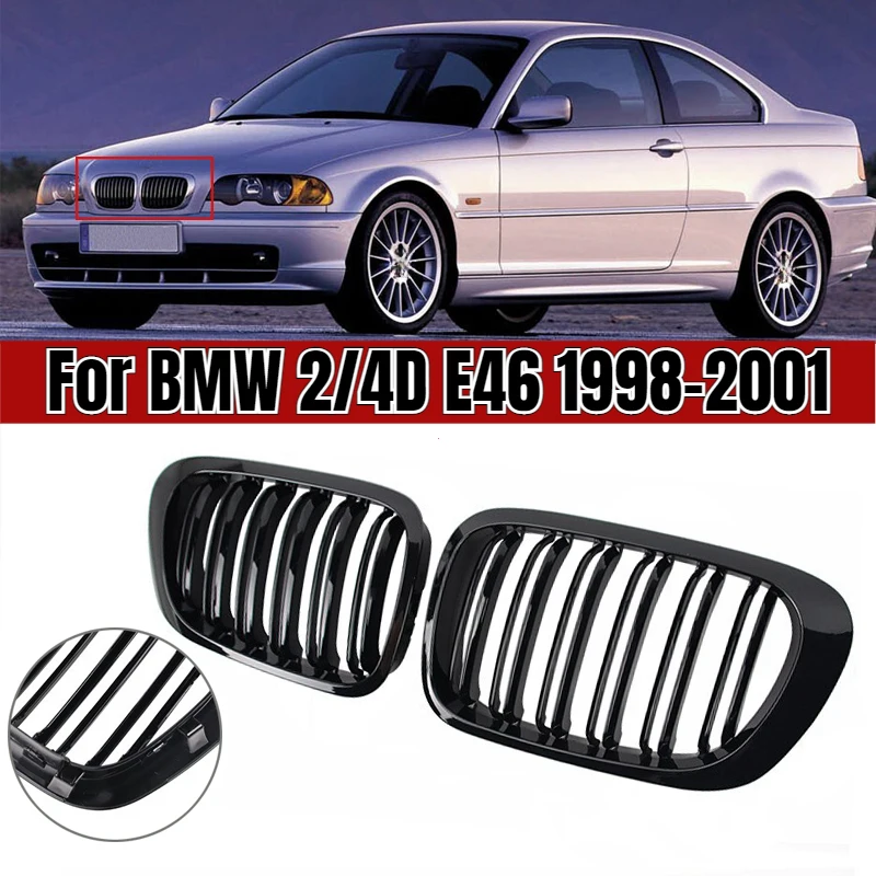 A pair For BMW 3-Series E46 1998-2001 2/4 Doors Car Front Kidney Grill 318i 320i 325i 330i Gloss Black Racing Grille Accessories