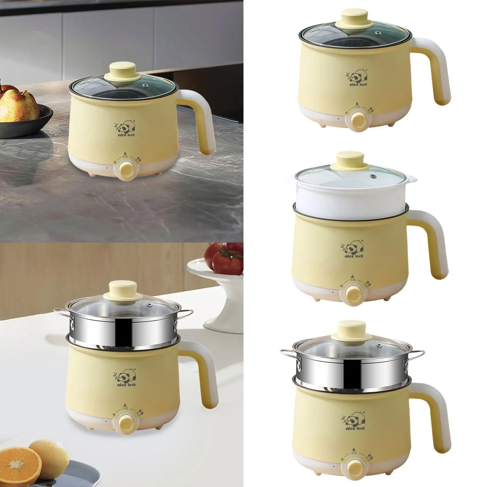 Electric Pot with Handle 2 Gear Stainless Steel Electric Rice Cooker Portable Cooking Pot for Porridge Dumpling Steak Pasta Soup