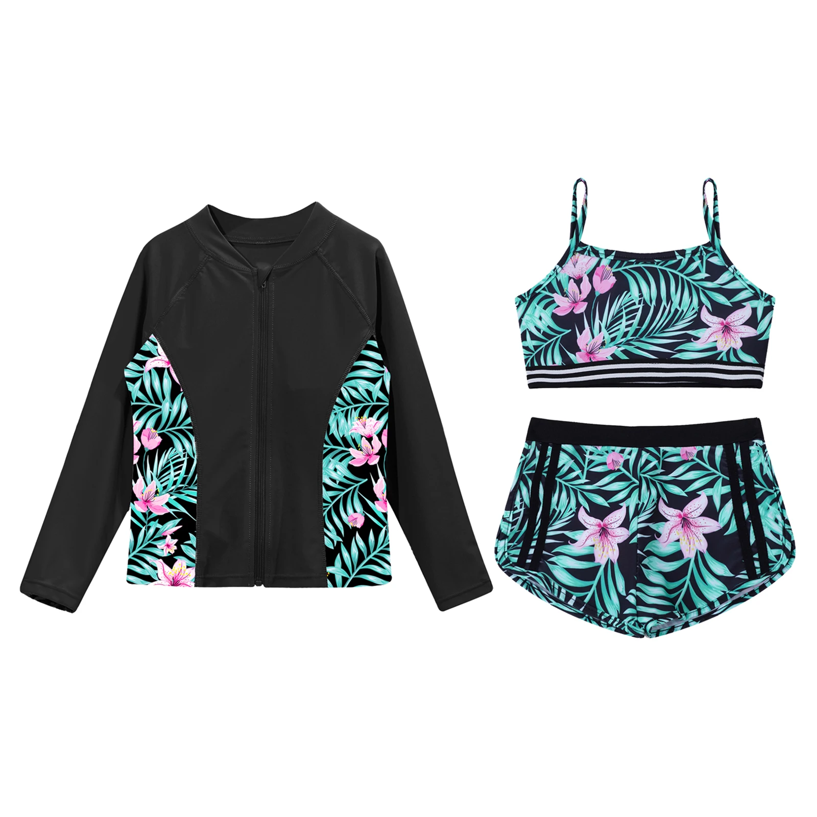 Kids Girls Print Swimsuit 3Pcs Long Sleeve Swim Tops with Vest Crop Tops Shorts Swimwear Rash Guard Bathing Suit Pool Beachwear