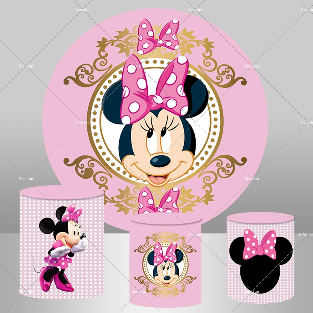 Pink Red Minnie Mouse Round Backdrop For Girls Newborn Baby Shower 1st Birthday Circle Background Dessert Table Cylinder Covers