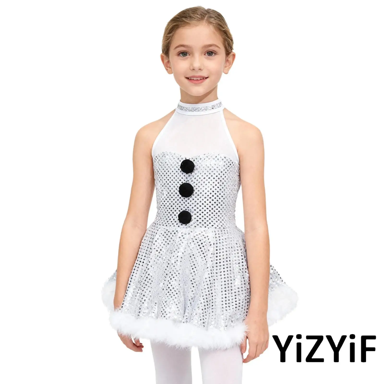 

Girls Christmas Snowman Cospaly Costume Kids Stage Dancewear Splice Caged Back Sequins Figure Ice Skating Roller Skating Dress