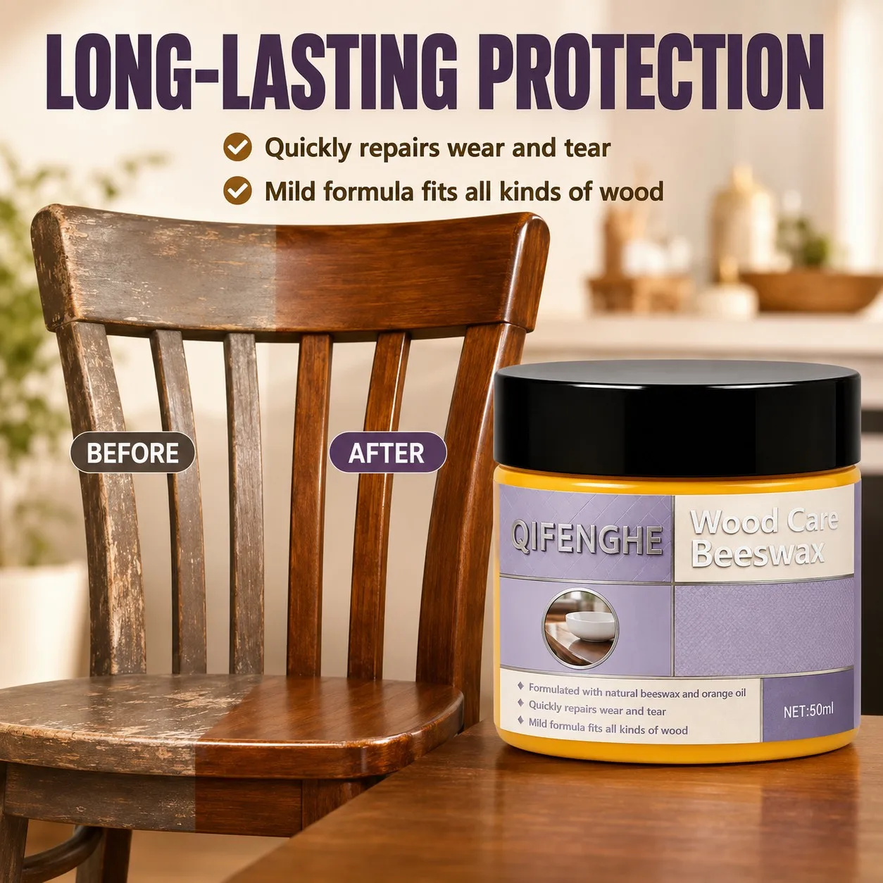 50ml QIFENGHE Wood Care Beeswax Natural Furniture Polishing Wax Wood Surface Scratch Repair & Daily Maintenance Cream