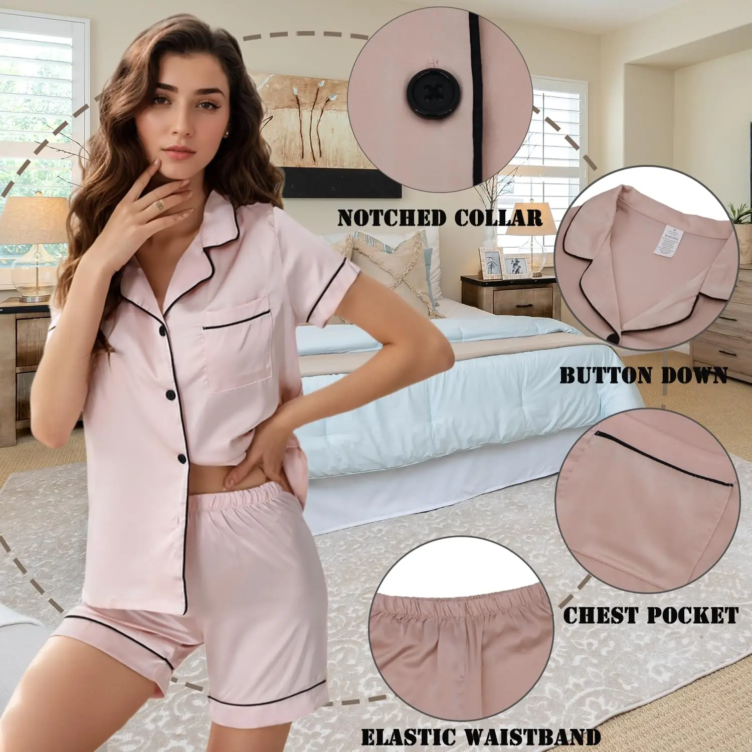 Conjunto de pijamas femininos de cetim de seda manga curta loungewear 2 peças conjuntos de pijamas com botões para o verão conjunto de pijamas femininos