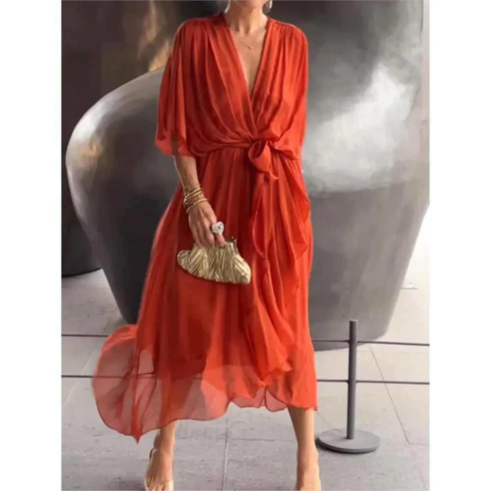 Fashionable Elegant Ruffle Patchwork Pullover Dress 2024 New Women\'s Solid Color Lace Up Long Dress Bat Sleeve Irregular Dresses