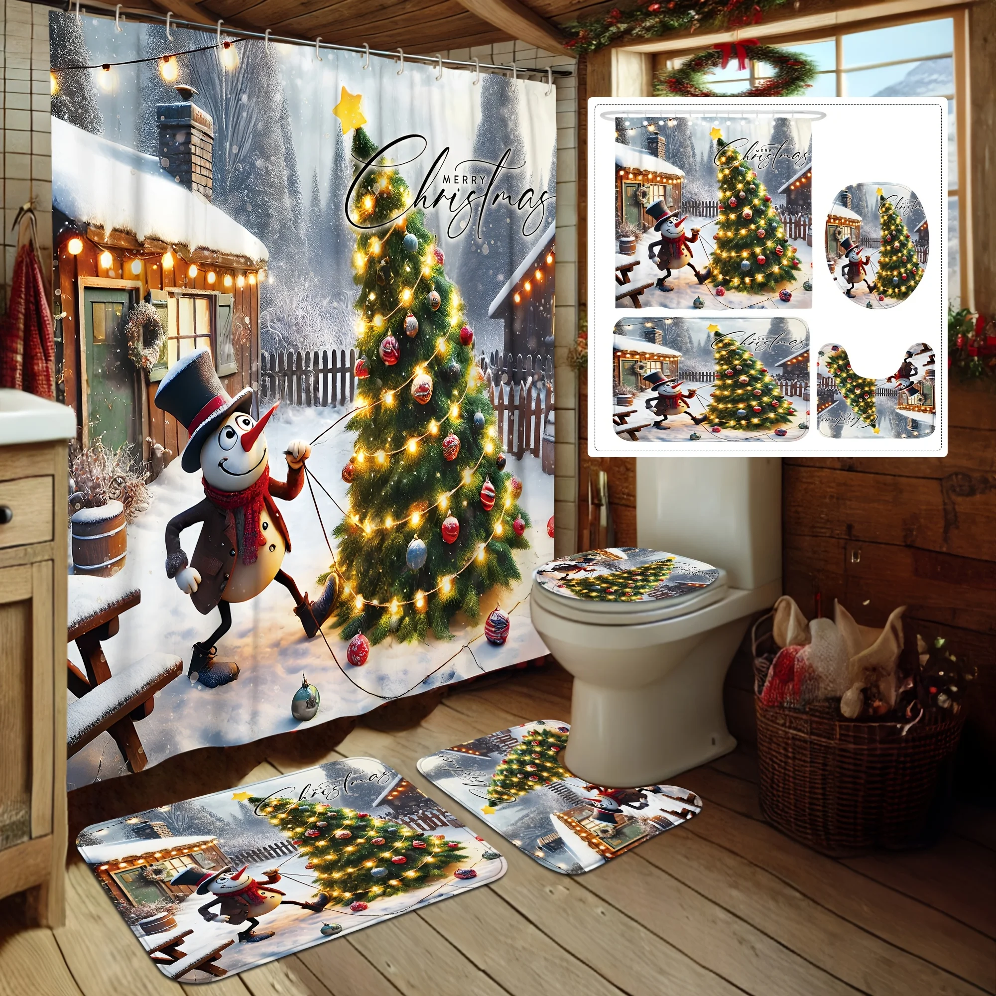 4Pcs Christmas Tree Snowman Shower Curtain Set, Bright Green Yellow Red with 12 Hooks, Non-slip Mat & Toilet Lid Pad, Xmas Gift