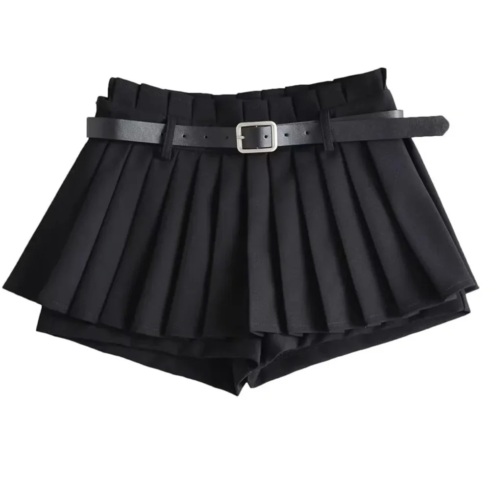 Low Waist Slim Mini Pleated Skirt Women Summer Casual Solid Black Belt Fashionable A Line Skirt