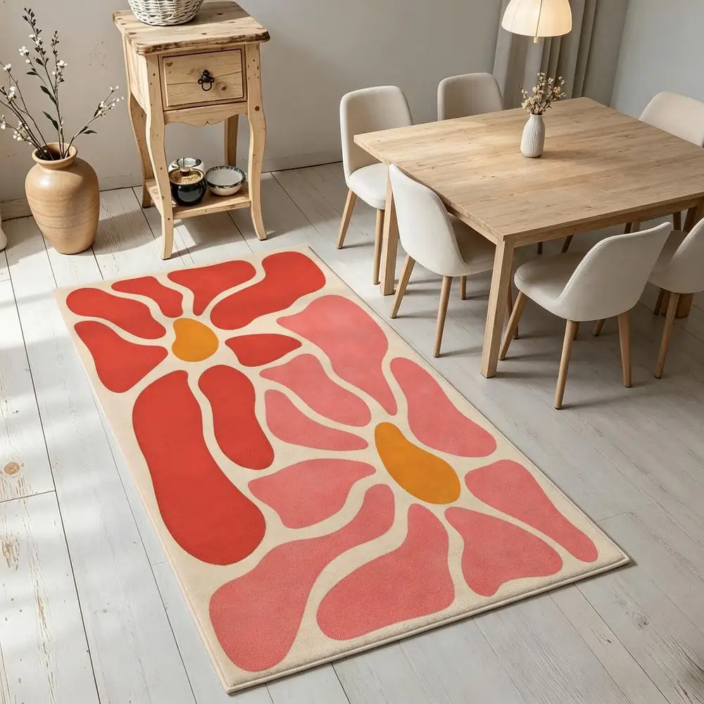 2D 1 piece soft, easy to maintain, machine washable indoor rug with abstract floral design, suitable for living room, bedroom, entryway, office, hallway, perfect for rural style home decor under dining table