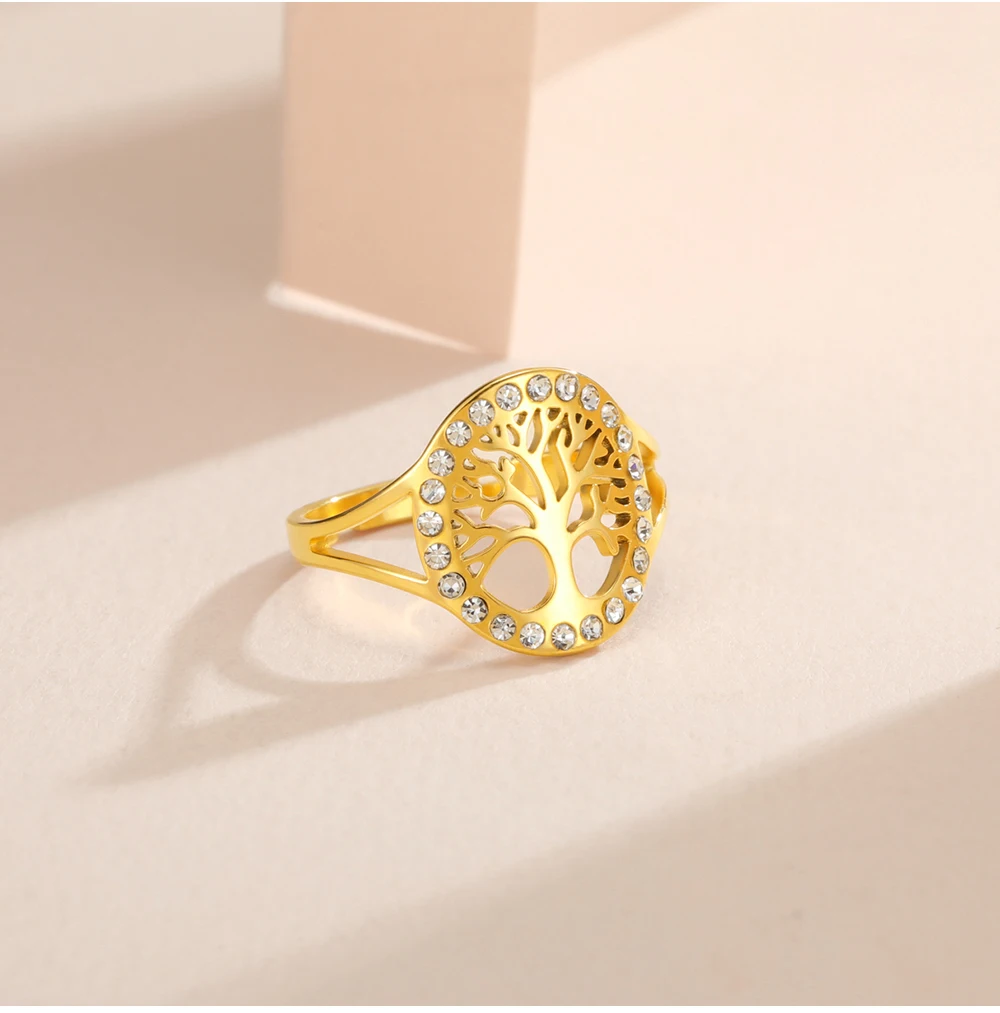COOLTIME Baum des Lebens Klarer Zirkon Ring Edelstahl Verstellbar Damen Amulett Fingerringe Schmuck Geschenk – Detail 9