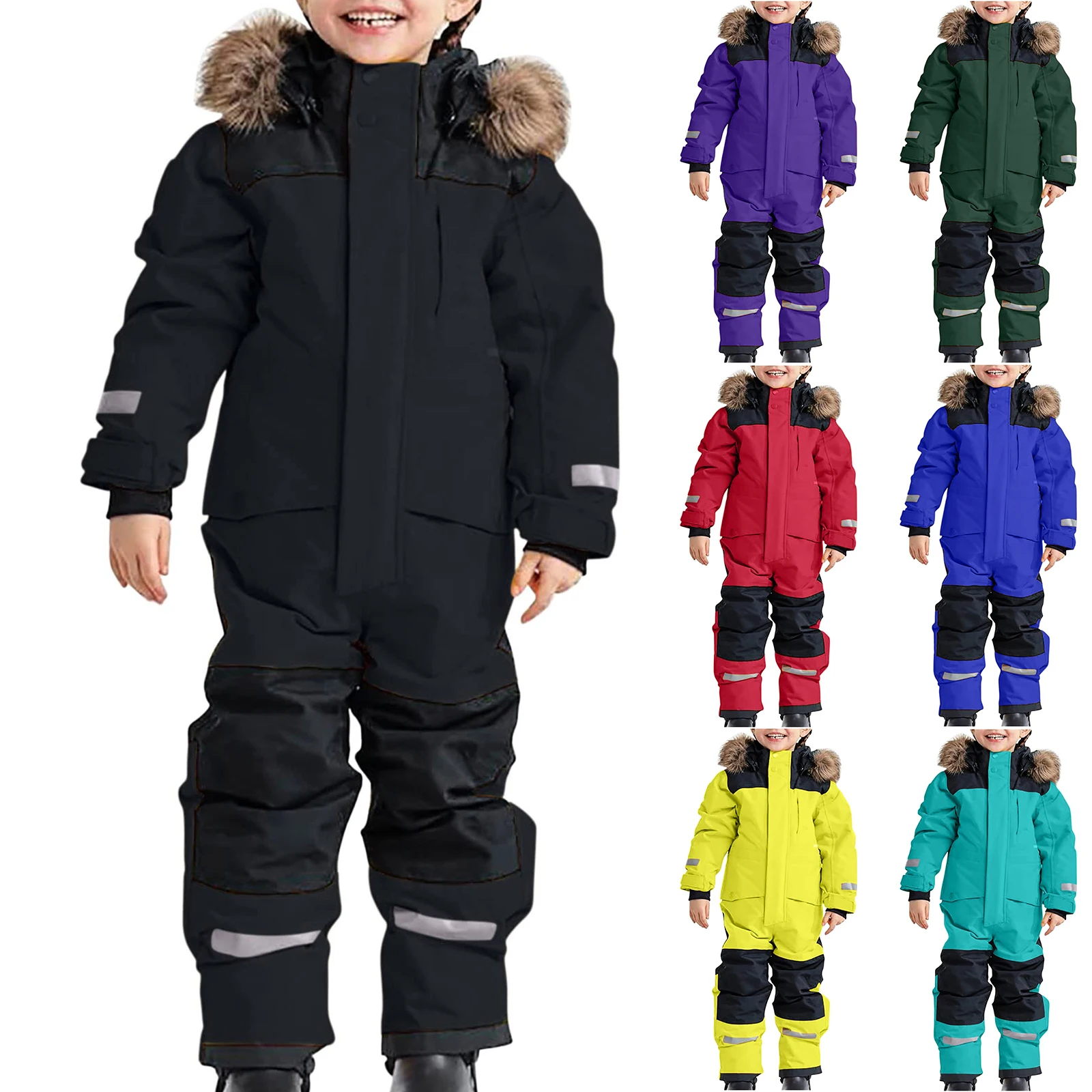 Tuta da sci monopezzo per ragazzi e ragazze calda ispessita foderata in pile impermeabile per esterni alla moda per bambini