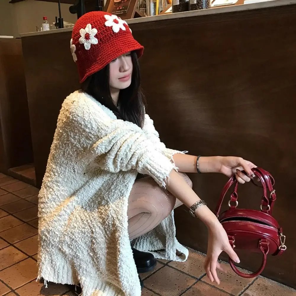 

Retro Handmade Crochet Flower Knitted Hat Sweet Korean Style Bucket Hat Cute Women's Fisherman Hat Girls