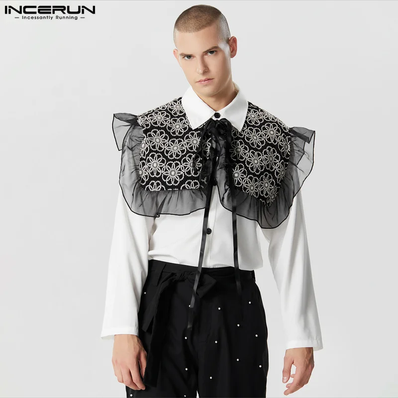 2023 Men\'s Shirt Lace Patchwork Ruffle Lapel Long Sleeve Lace Up Unisex Shirts Streetwear Fashion Casual Camisas S-5XL INCERUN